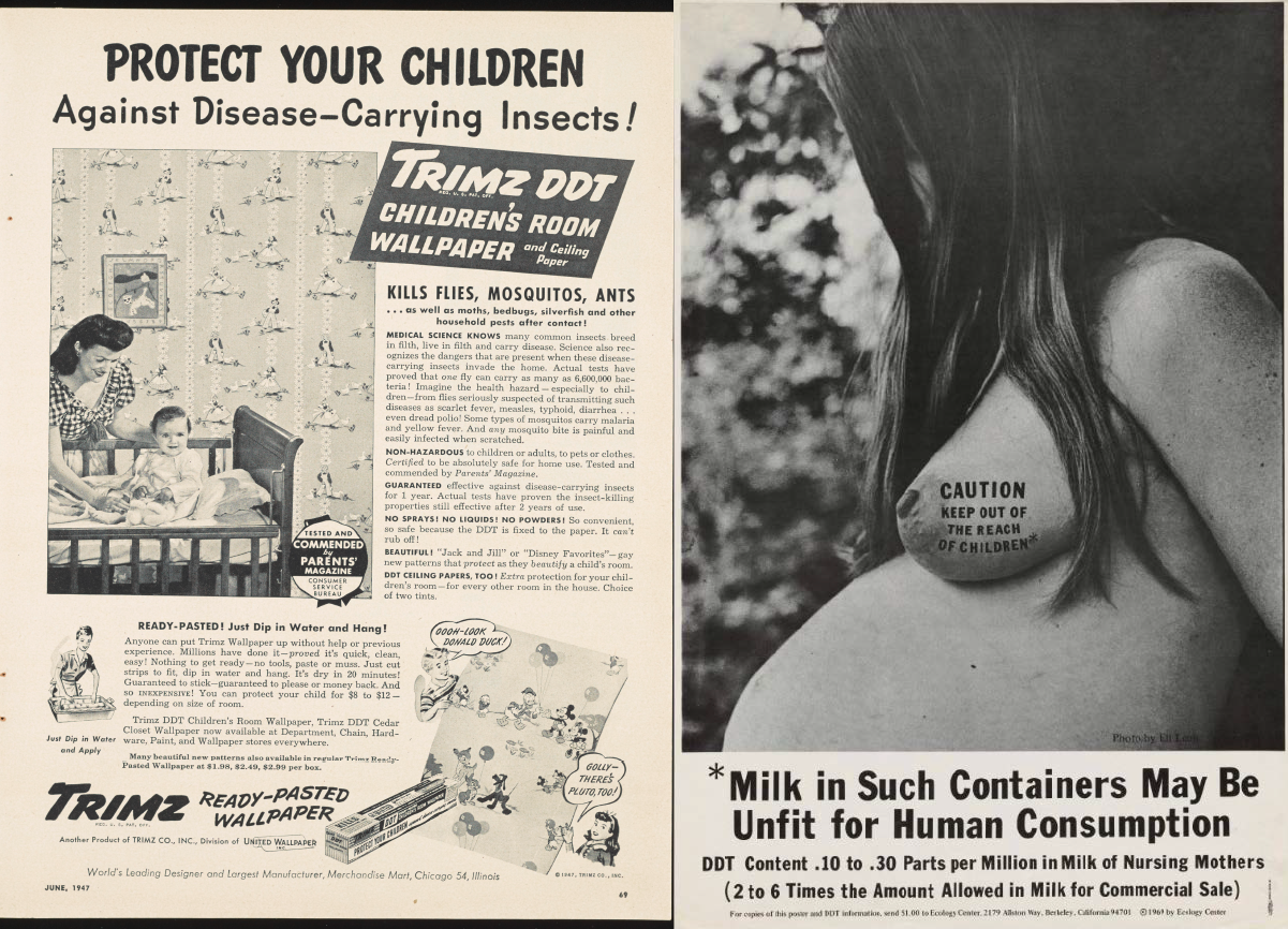 Two print advertisements concerning mothers and children and DDT contamination
